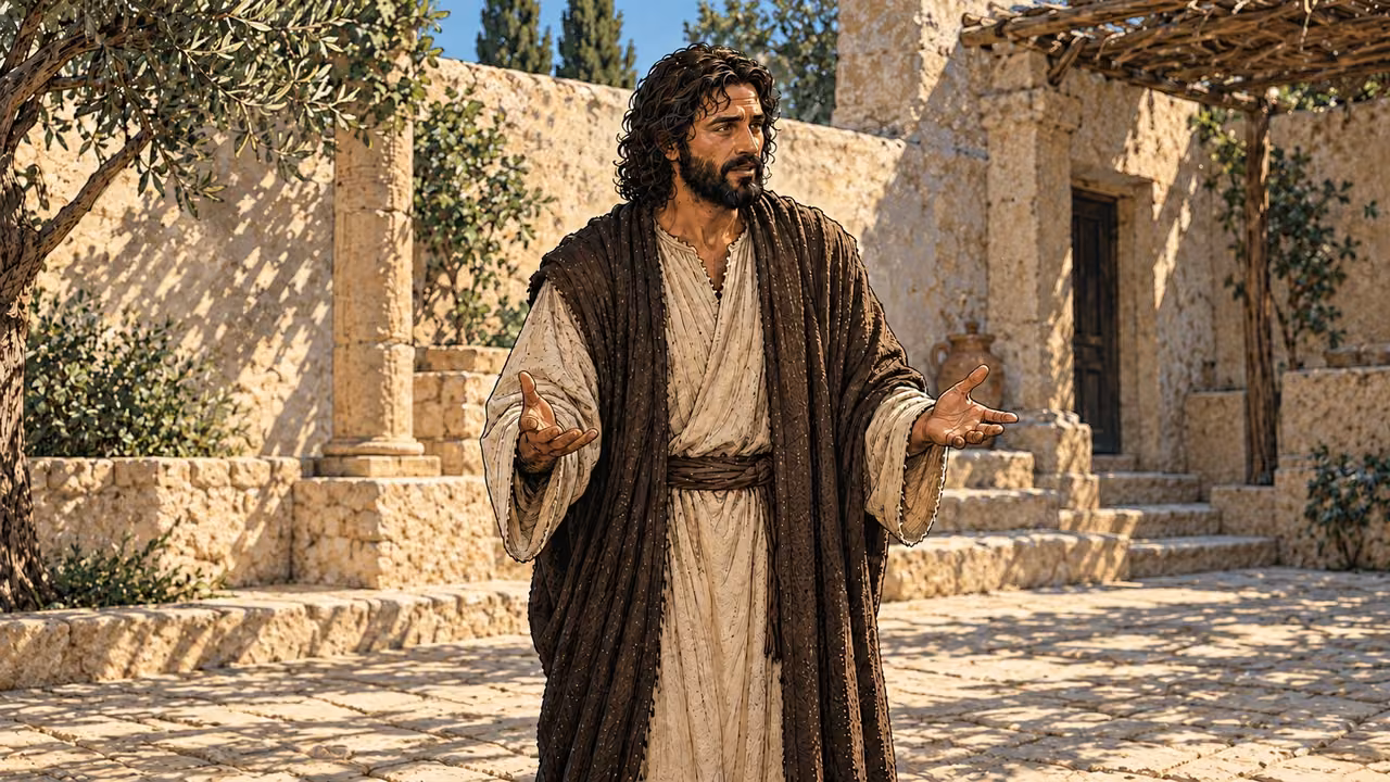 Jesus teaches in a courtyard with empty hands apart.