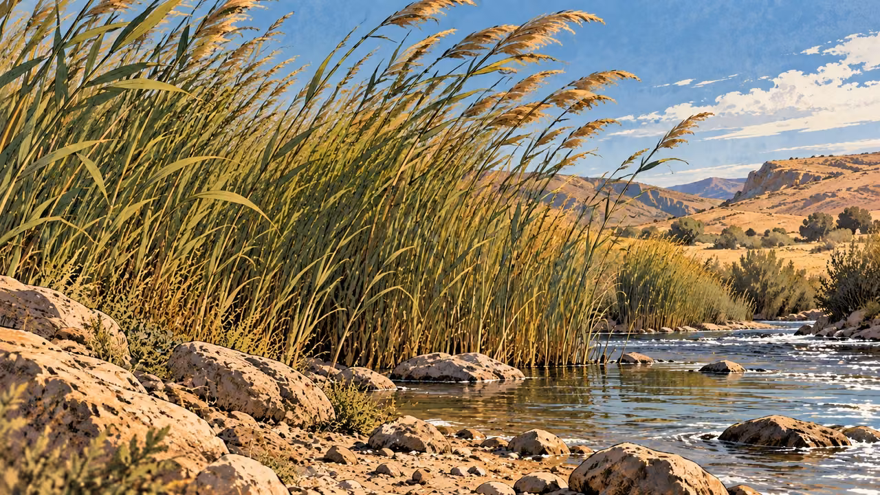 Wind bends reeds beside an open wilderness watercourse.