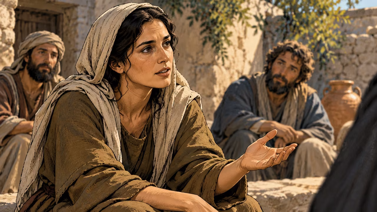 A woman speaks from among listeners in a village courtyard.