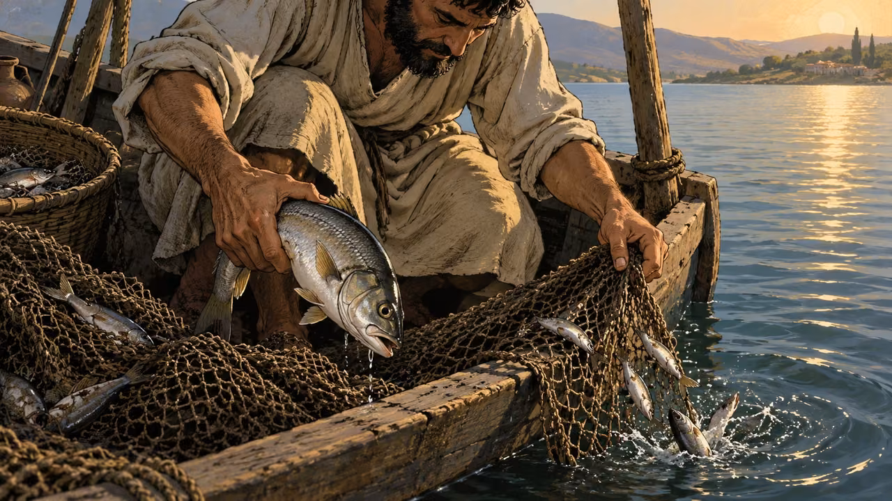 A fisherman selects a large fish while smaller fish fall from the net into water.