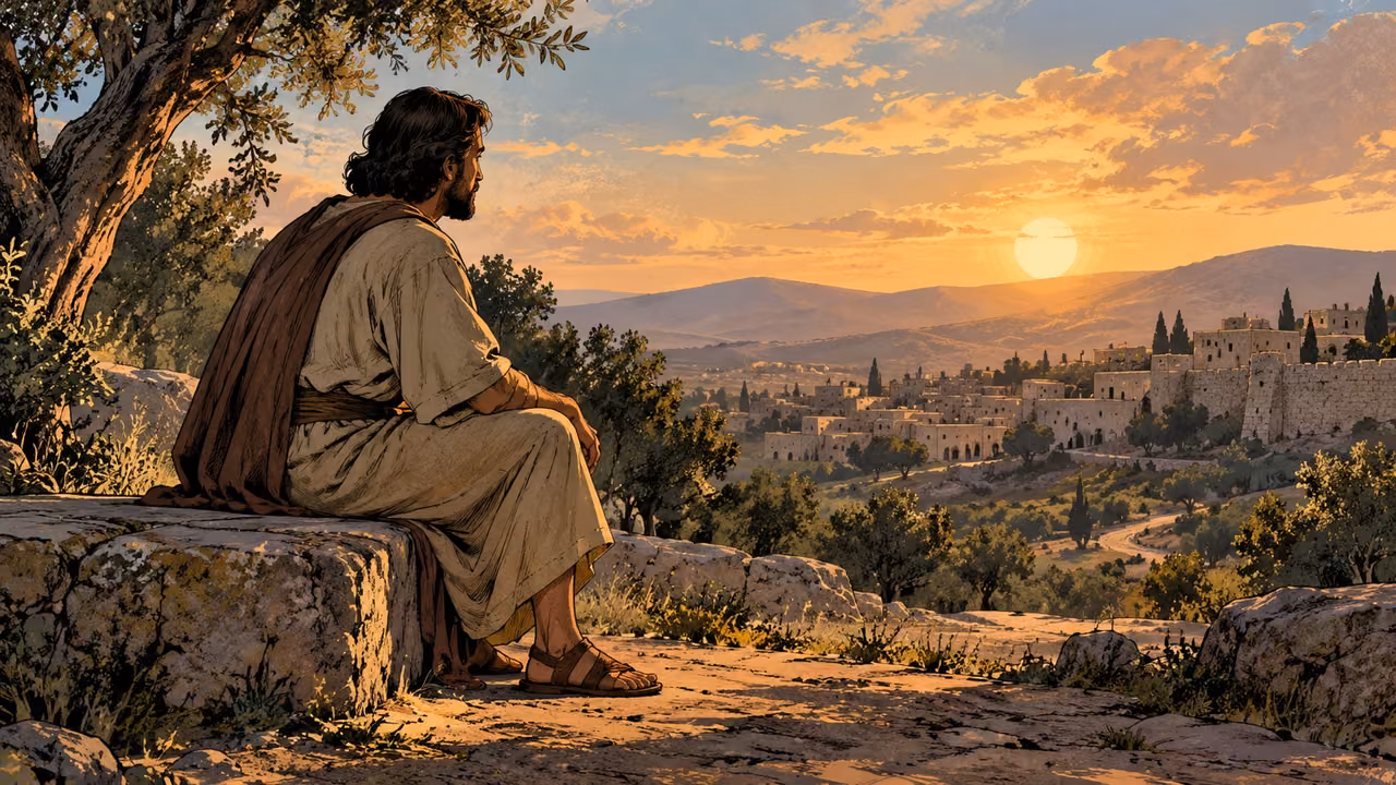 A clothed adult sits thoughtfully above an ordinary distant town.