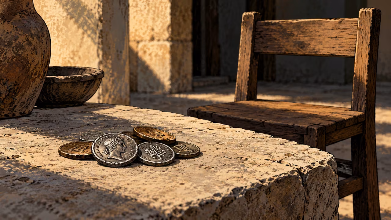 Coins lie on a table before an empty wooden seat.