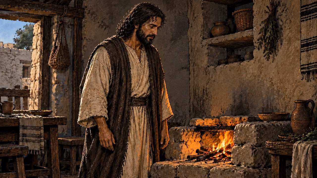 Jesus stands near an ordinary contained hearth.