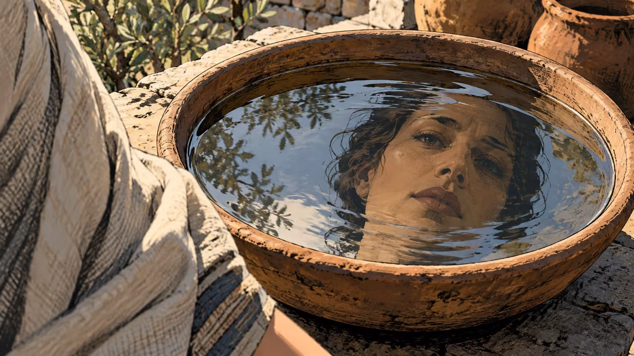A partial face is reflected in still water in a clay basin.