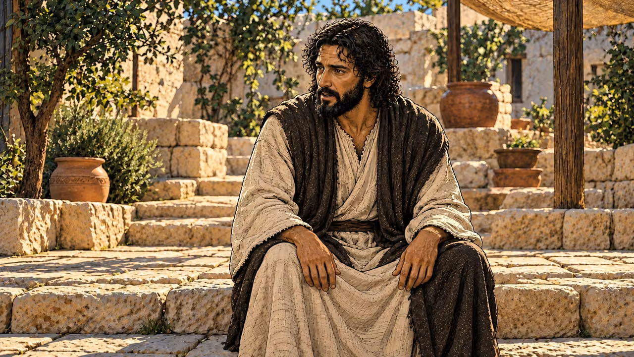 Jesus teaches gravely with his hands resting on his knees.
