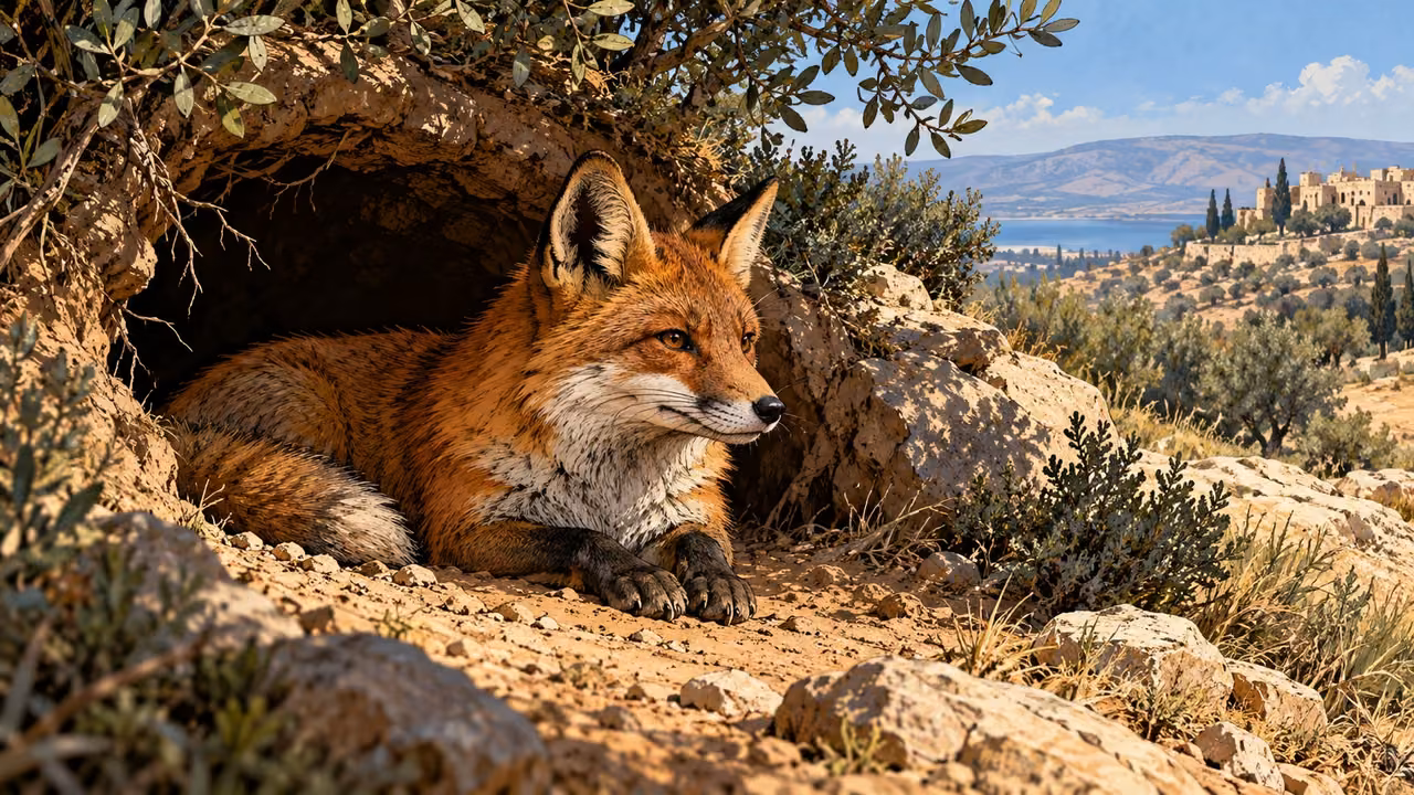 A fox rests at the entrance to an earthen burrow.