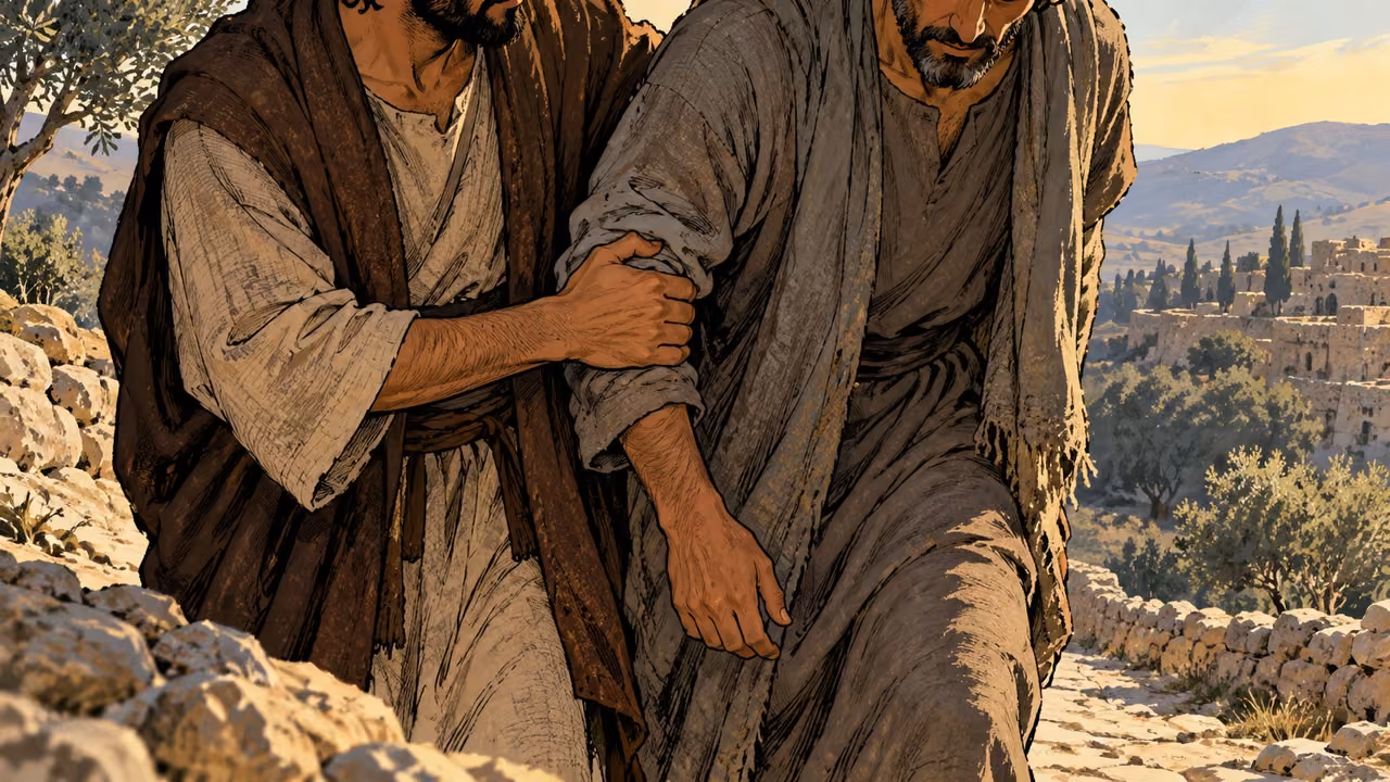 One clothed adult steadies another’s forearm for support.