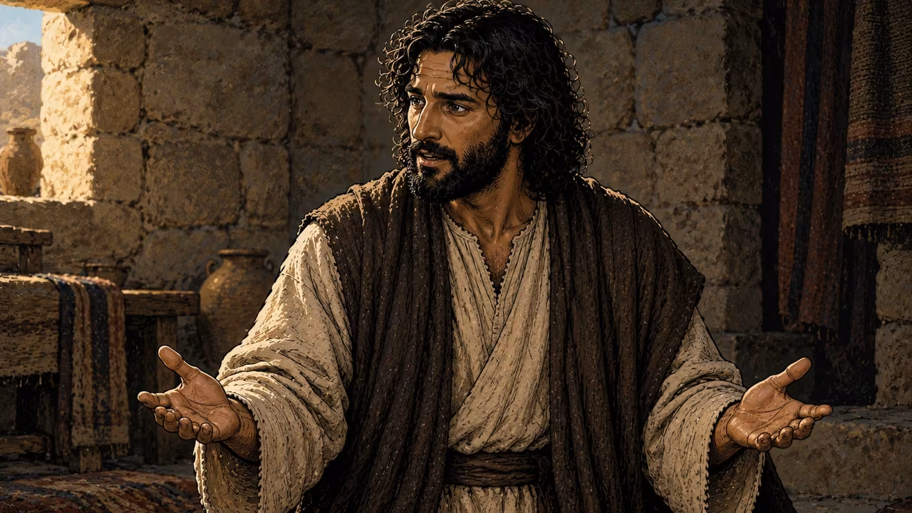 Jesus teaches with both empty palms extended.