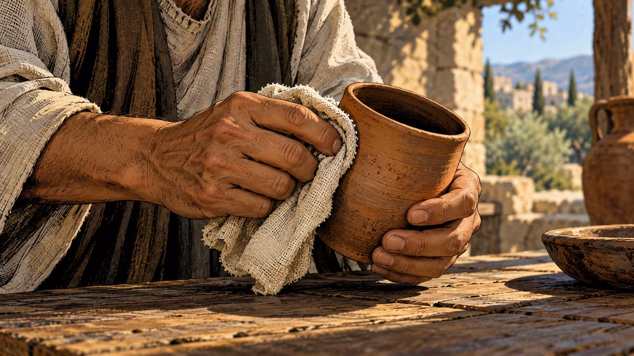 Hands wipe the exterior of a plain clay cup.