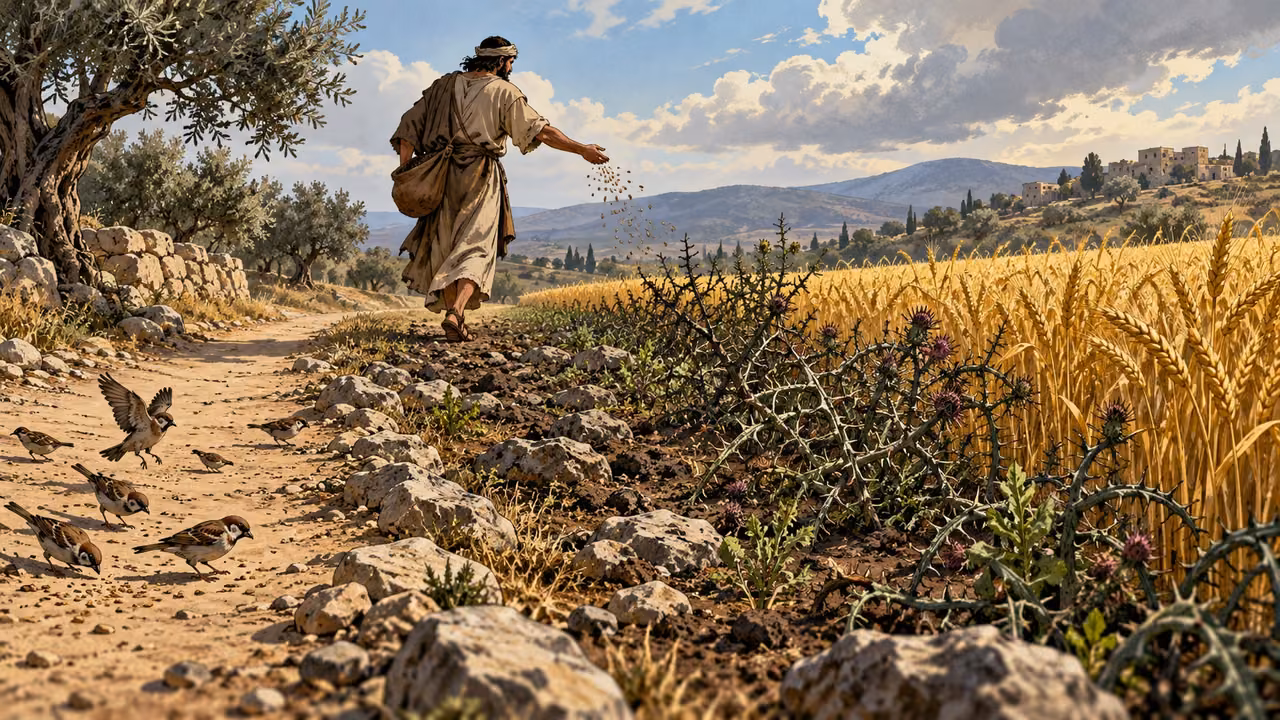 A sower casts seed beside a path, rocks, thorns, and productive grain.