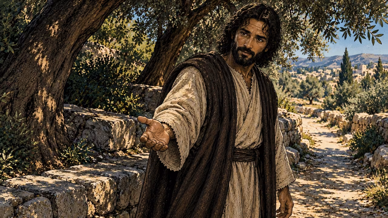 Jesus offers an open hand beside a shaded path.