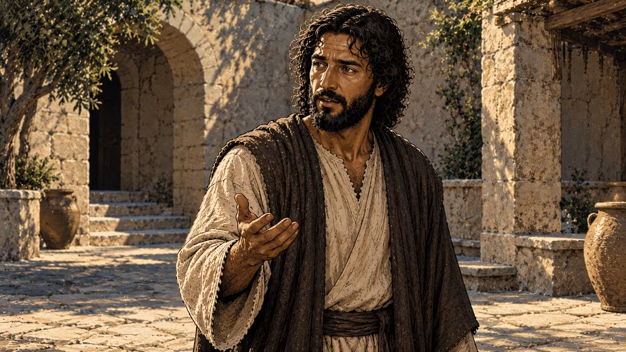 Jesus teaches alone in a plain stone courtyard.