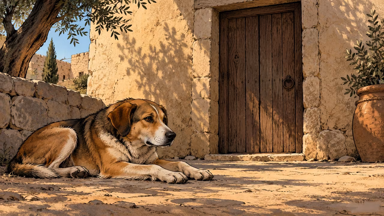 A dog rests outside a plain closed doorway.
