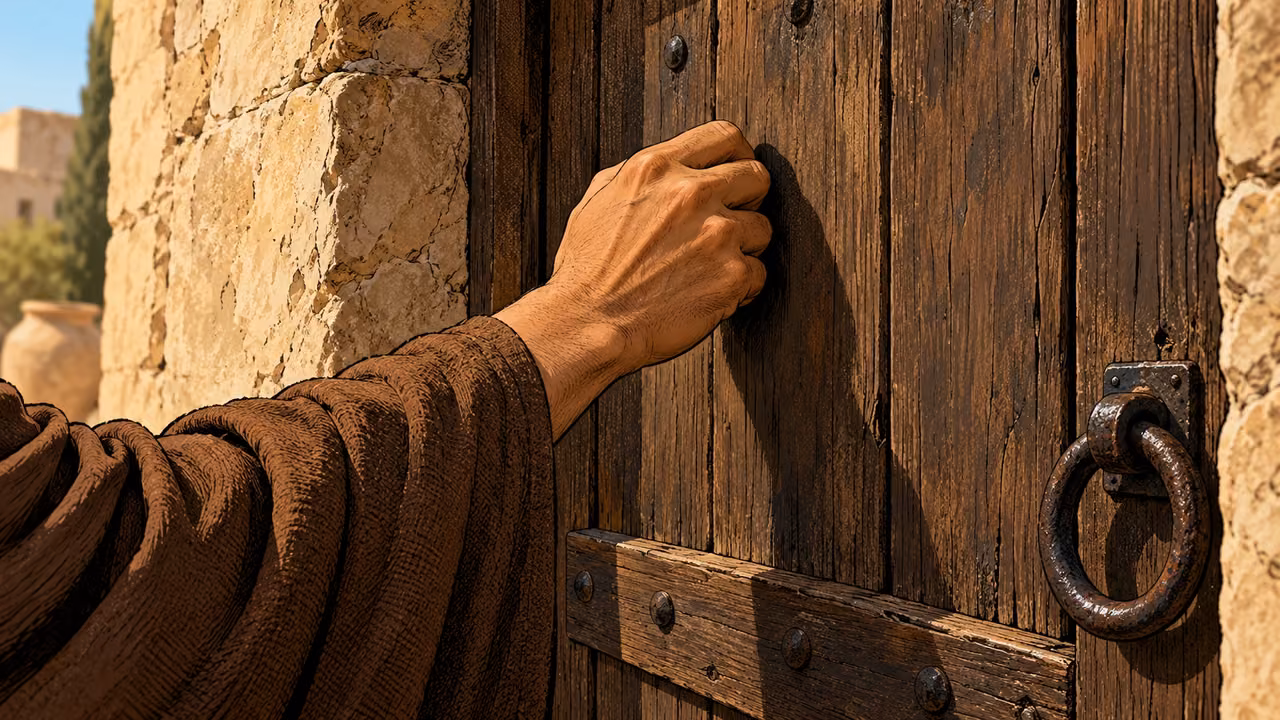 A hand knocks gently on a closed wooden door.
