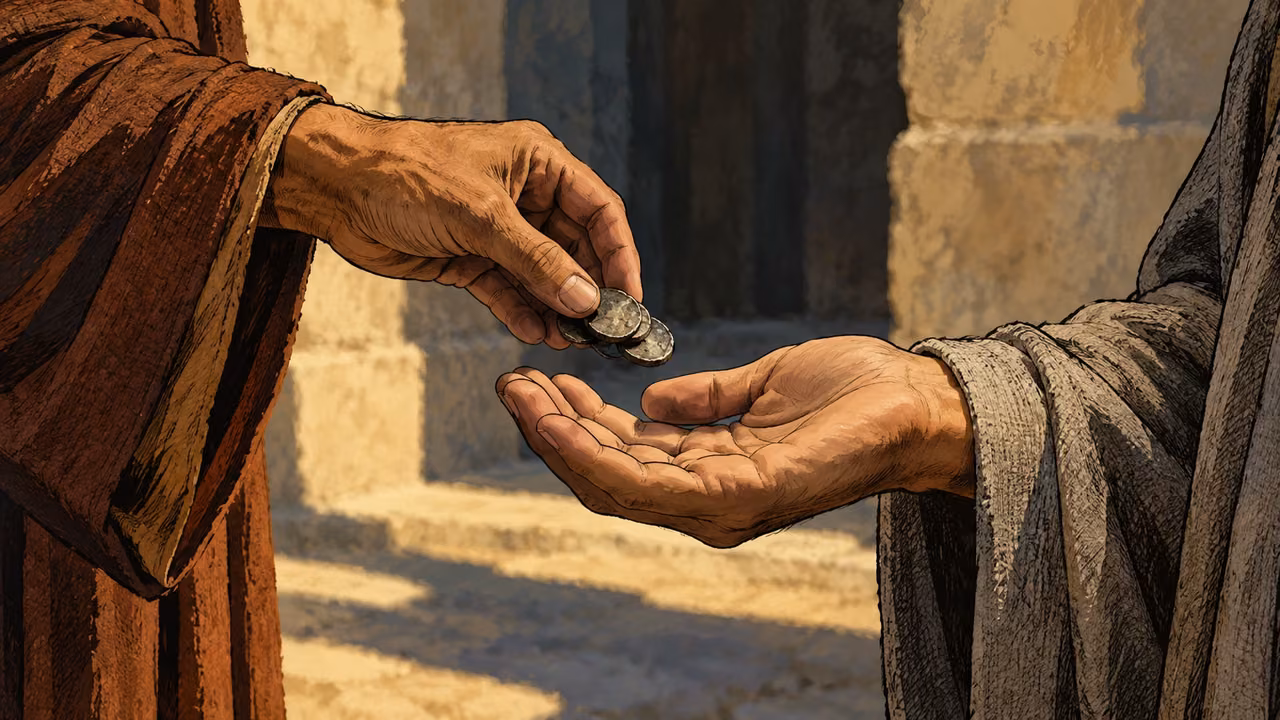 One open hand gives a few coins into another.