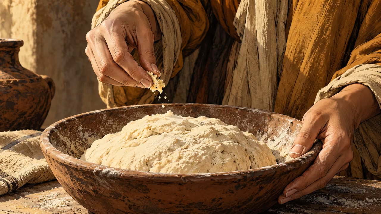 A hand holds a small pinch of leaven above dough in a clay bowl.
