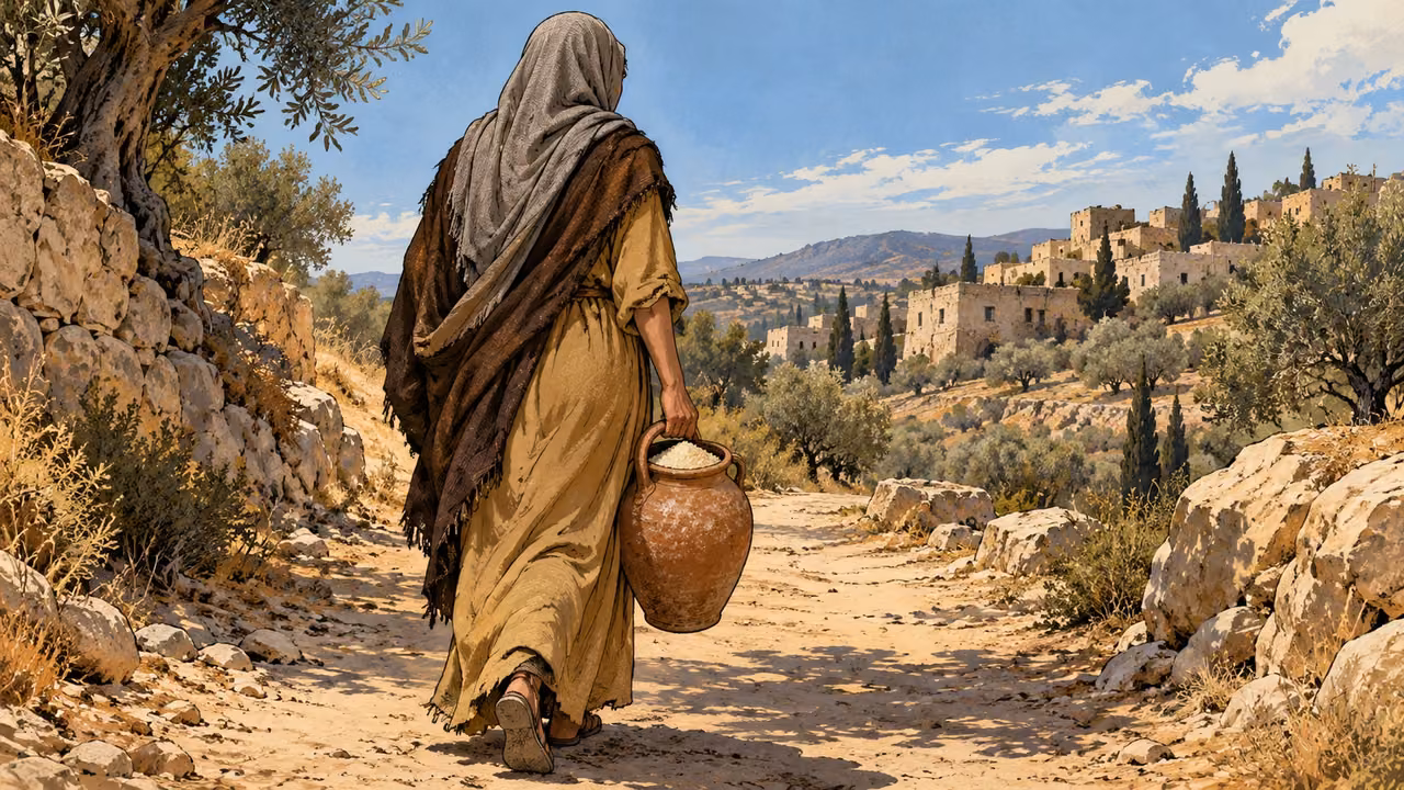 A rear-view traveler carries a full clay jar along a dusty path.