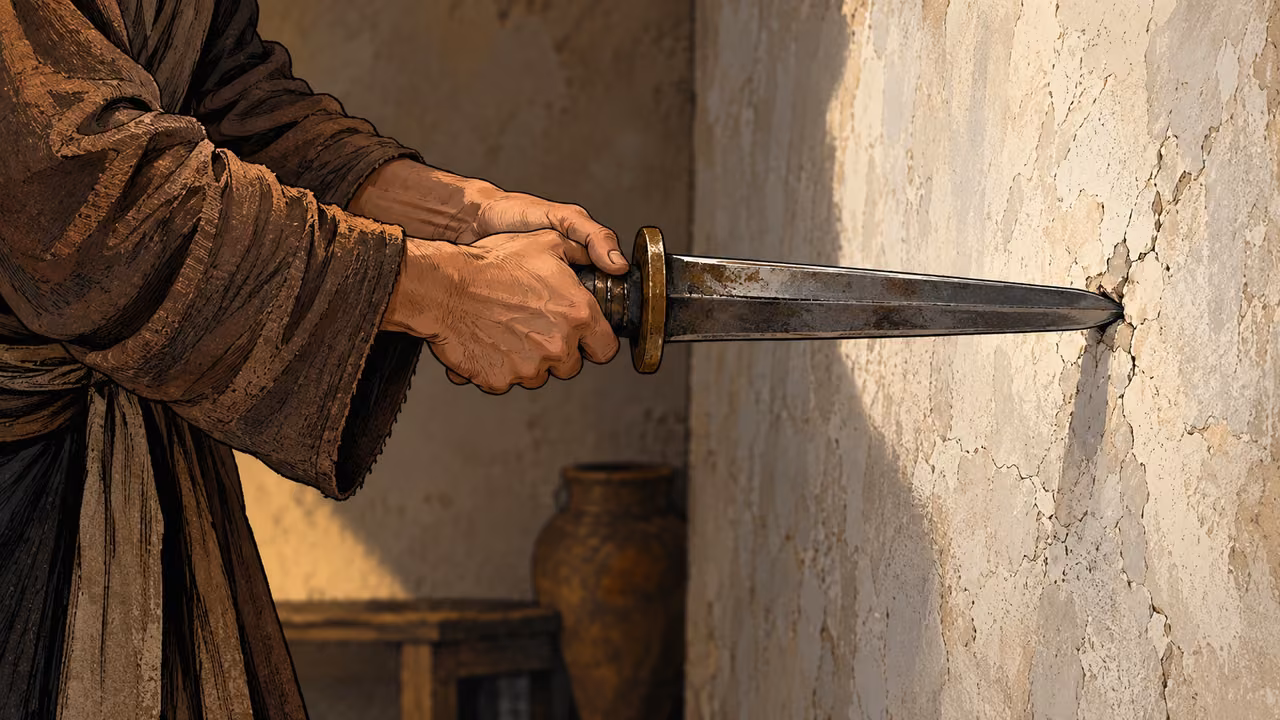 Hands test a sword against an unadorned plaster wall.