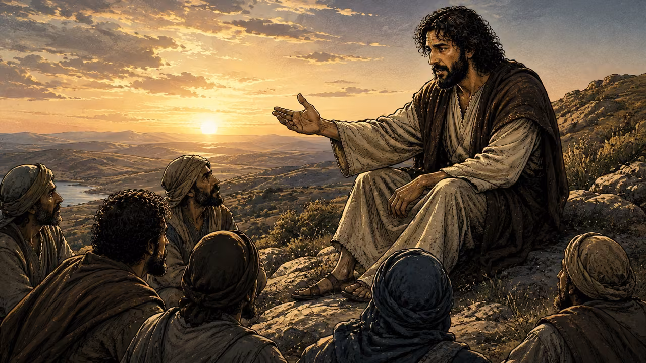 Jesus teaching a small attentive gathering on a limestone hillside, his open hand directing attention toward the listeners; broad dawn sky, no scroll.