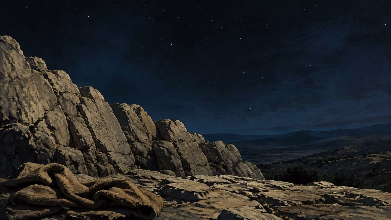 Vast night heavens over worn stone ridges; a weathered folded wool cloak in the near foreground, stars clear above. Quiet, immense, unsentimental; no figures.