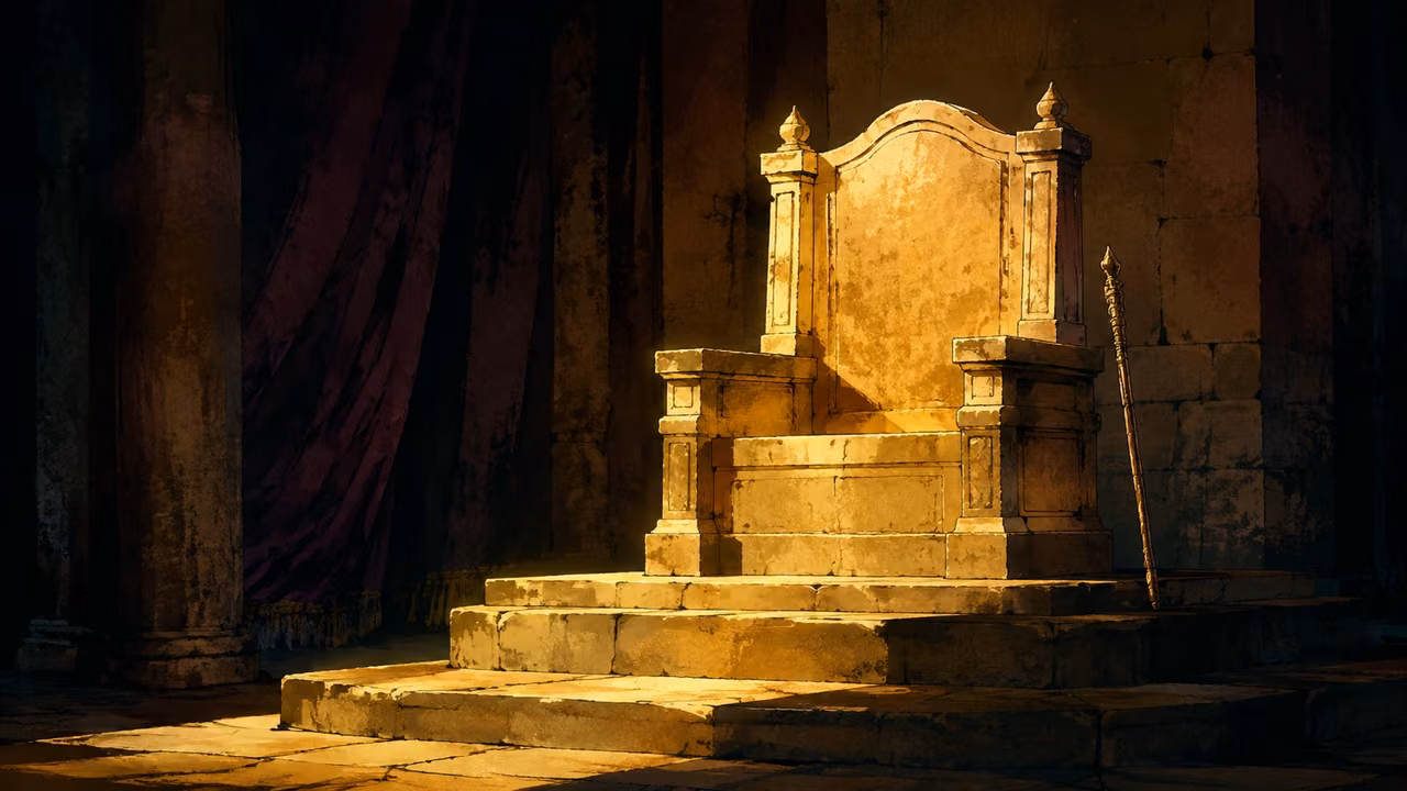 An empty ancient royal seat on an austere stone dais, a plain upright scepter resting beside it; no human or divine figure, no angels. Strong natural gold light defines the enduring seat amid surrounding darkness.