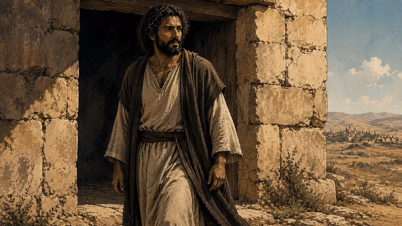 Jesus in cream tunic and dark mantle standing alone outside a stone doorway, face resolute, hands relaxed and empty, preparing to walk forward into hard daylight; no text, no invented dialogue.