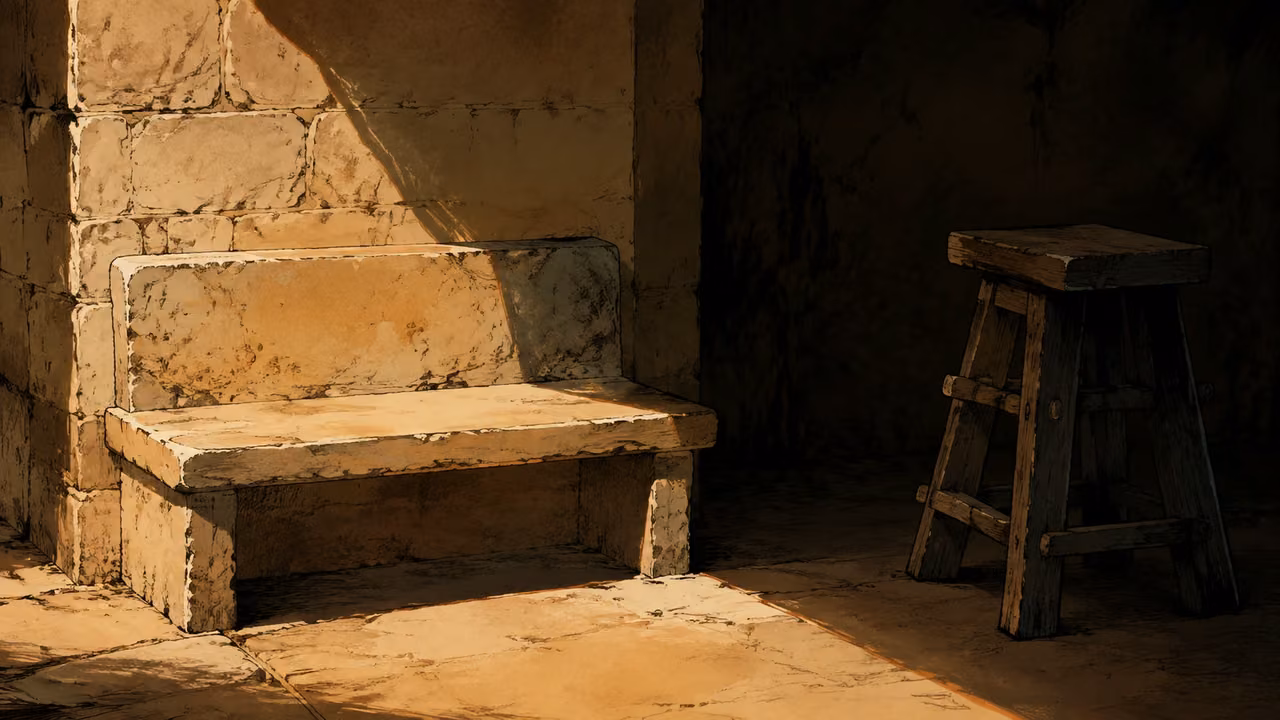 A quiet unoccupied stone bench in warm light beside a standing work stool in deep shadow, spare ancient stone interior, no ceremonial symbols, no figure.