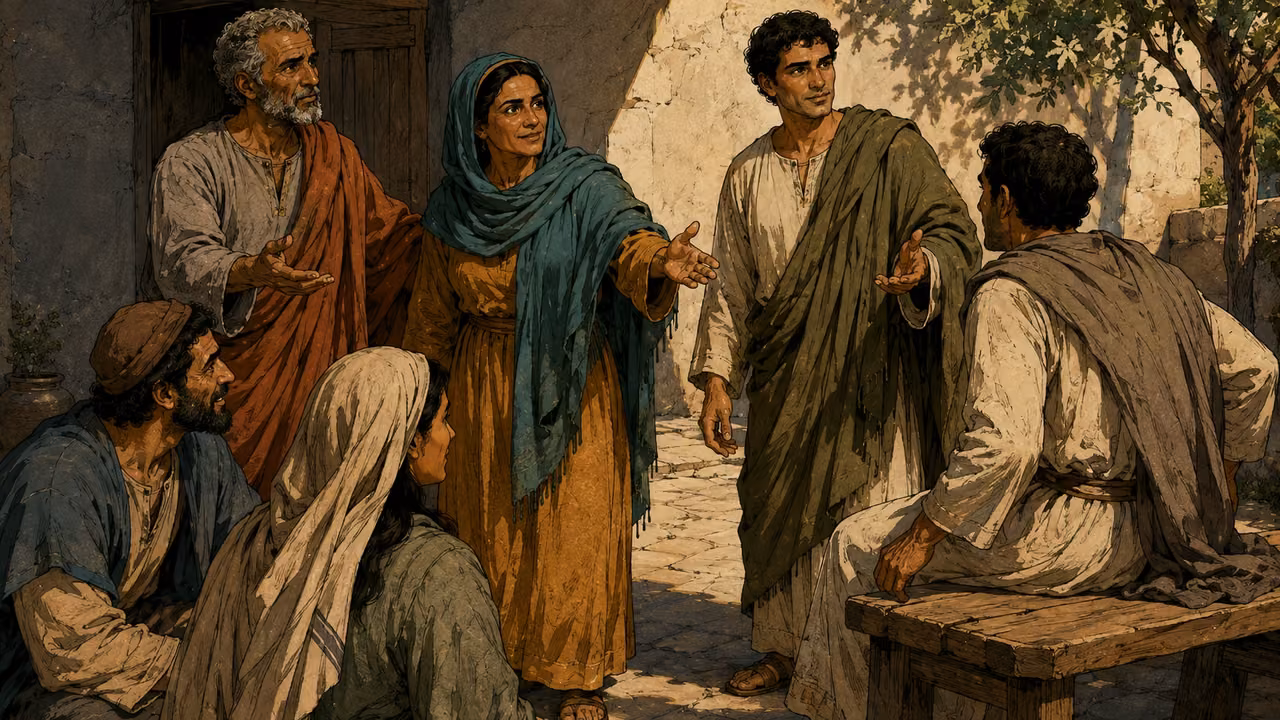 The three listeners join a small diverse group of ordinary adults in a modest courtyard assembly, making room for a late arrival on a bench; welcoming gestures, no pulpit or church architecture.