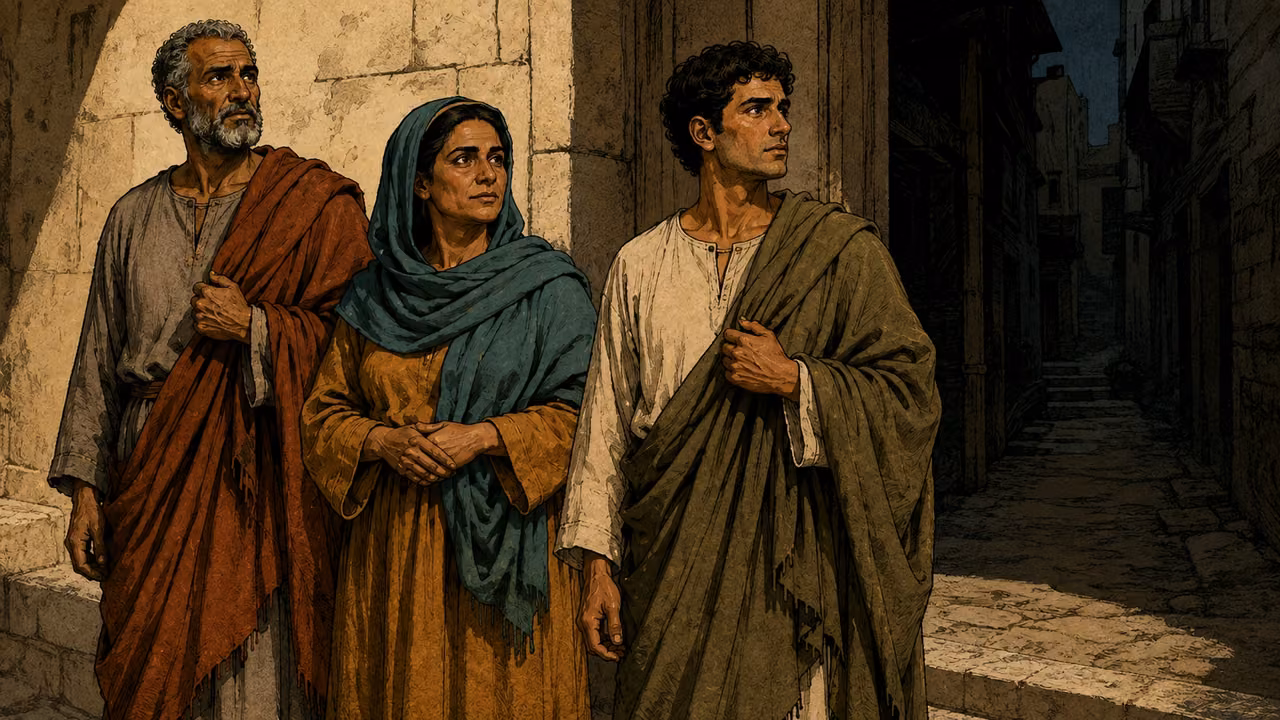 The younger listener stands at a courtyard threshold with the gathered community behind him, looking into a dark empty alley, face sober and conflicted; no demonic figures or literal hellfire.