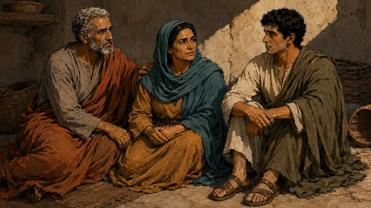 The woman and older listener sit beside the younger listener in a stripped bare room with displaced household baskets and an empty shelf; they offer steady companionship after loss, no attackers visible.