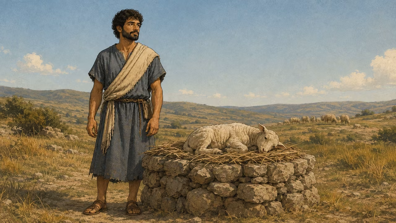 Abel in the reference design stands quietly beside a simple stone offering place in open pasture, hands lowered after presenting his gift, livestock at a distance, no Cain, no violence or magical fire.