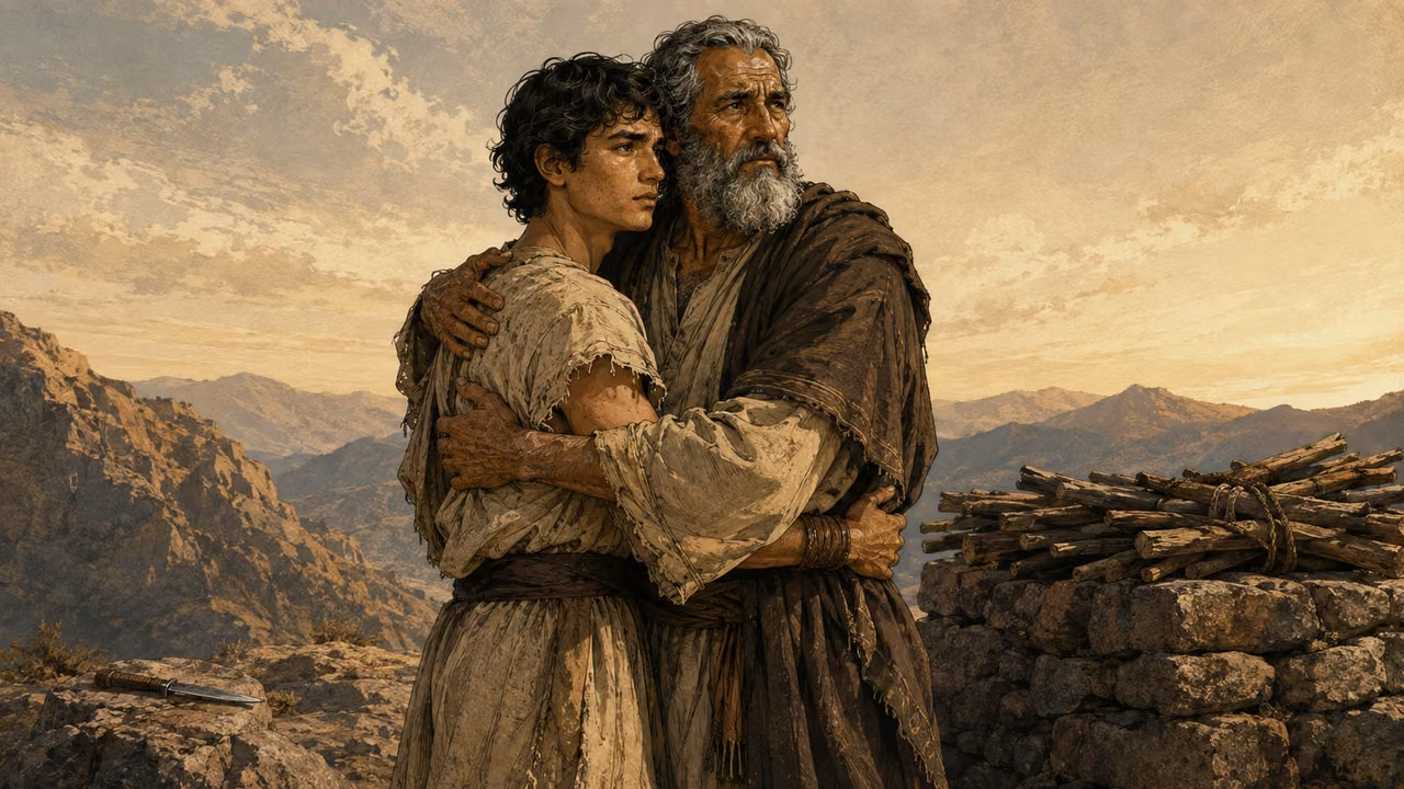 Abraham and Isaac on a rocky mountain beside a low stone altar and stacked wood. The elderly father holds his living young-adult son close in relief, a lowered unused knife resting on a distant stone; no injury, blood or raised weapon. Abraham is the elderly man RIGHT in the patriarch reference; Isaac is the young man LEFT in cast-02. Do not include other reference people.