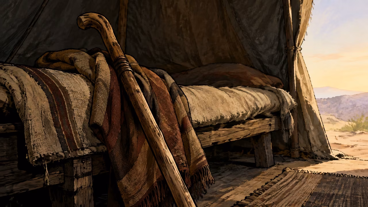 Close still life of a weathered wooden walking staff resting against a folded travel cloak beside an old traveler’s bed, pale dawn entering a tent opening; no body or people.