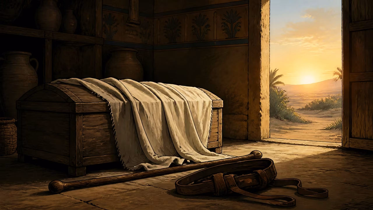 A closed modest ancient wooden burial chest covered partly by undyed linen beside a travel staff and coiled carrying straps, inside an Egyptian-era storeroom; dawn shines through an open door toward the wilderness. No person, exposed bones, inscriptions or modern objects.