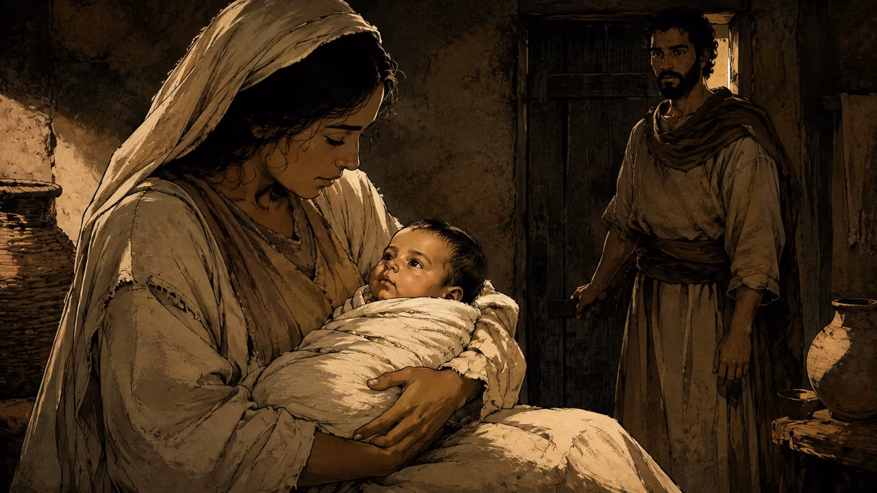 The three-month-old infant Moses safely wrapped in undyed linen in the protective arms of an anonymous ancient Hebrew mother seated in a dim domestic room; an anonymous father stands watch by a closed doorway. Quiet protection, no basket river scene, no soldiers. The attached infant reference gives only the baby identity.