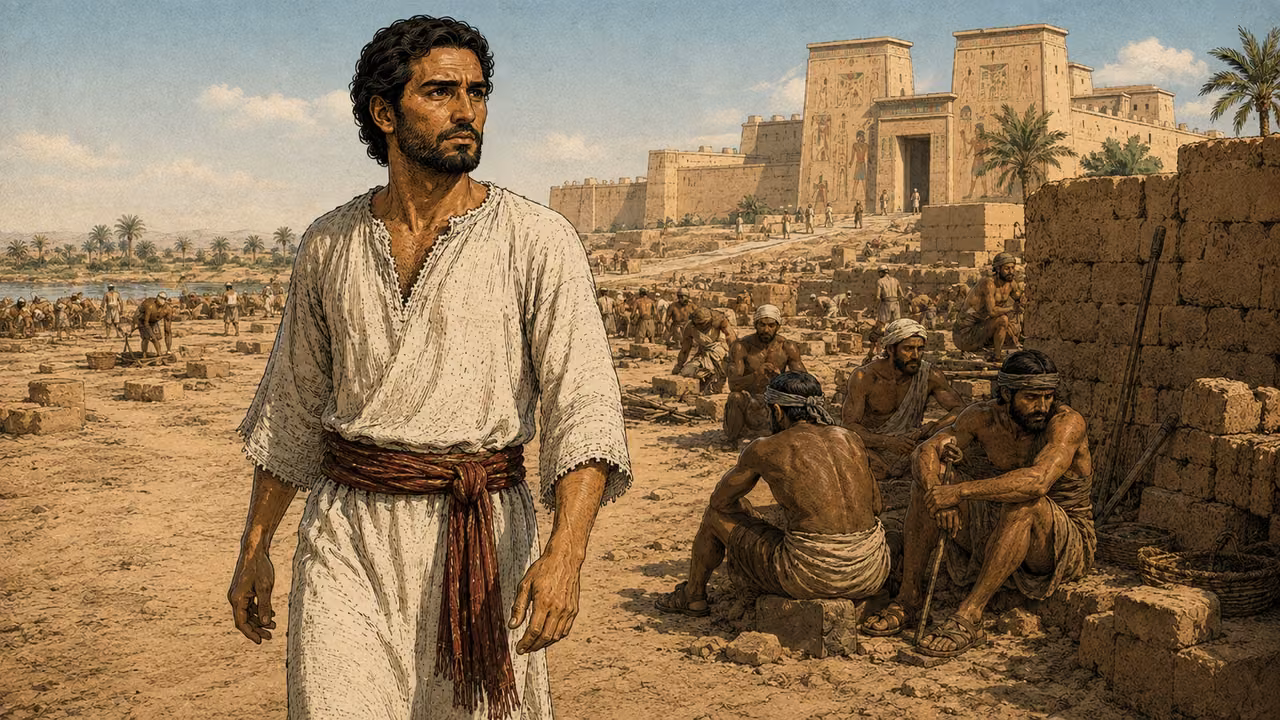 Young adult Moses walks away from the distant gate of an ancient Egyptian royal compound toward anonymous Hebrew laborers resting beside mudbrick work. His expression is resolved, his hands empty, no crown, jewels, magic or soldiers. Match the attached young-adult Moses reference exactly, not his elderly Exodus appearance.