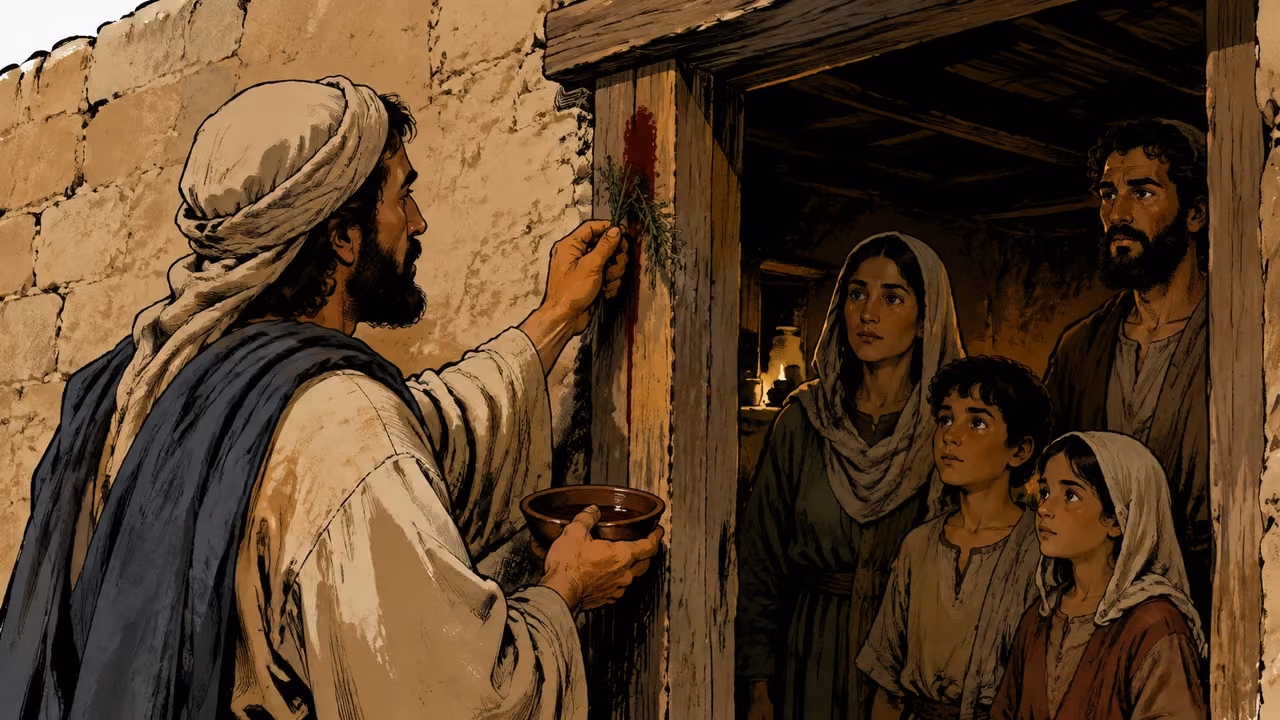 An anonymous ancient Hebrew adult at a mudbrick doorway carefully applies a small dark-red streak to the wooden doorpost with a hyssop sprig, a family gathered safely within; focus on hand, sprig, bowl and threshold. No visible injury, angel, dead person, lettering or modern objects.