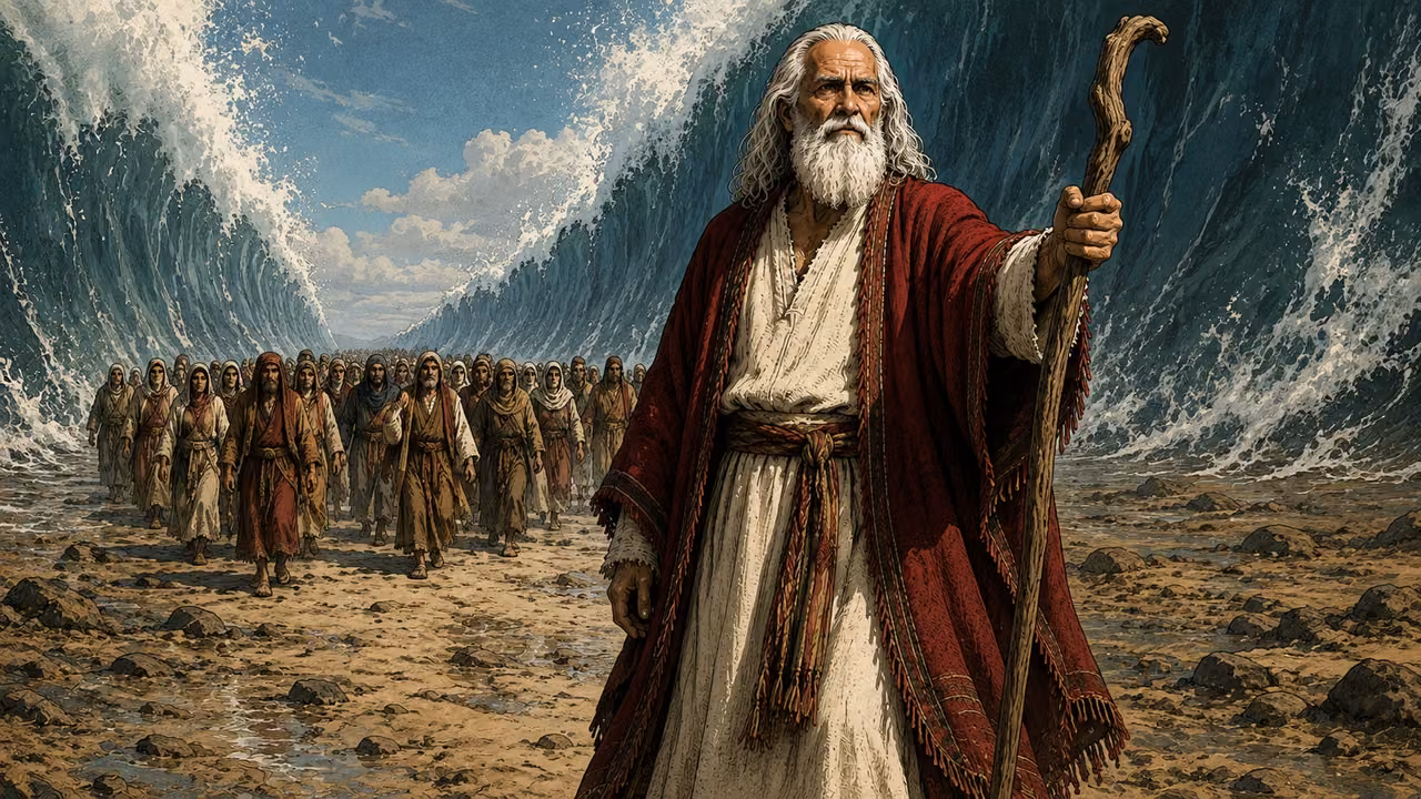 Moses in white and crimson leading an anonymous group across a broad dry seabed path between distant towering water walls, staff held forward, serious determination; no drowning bodies.