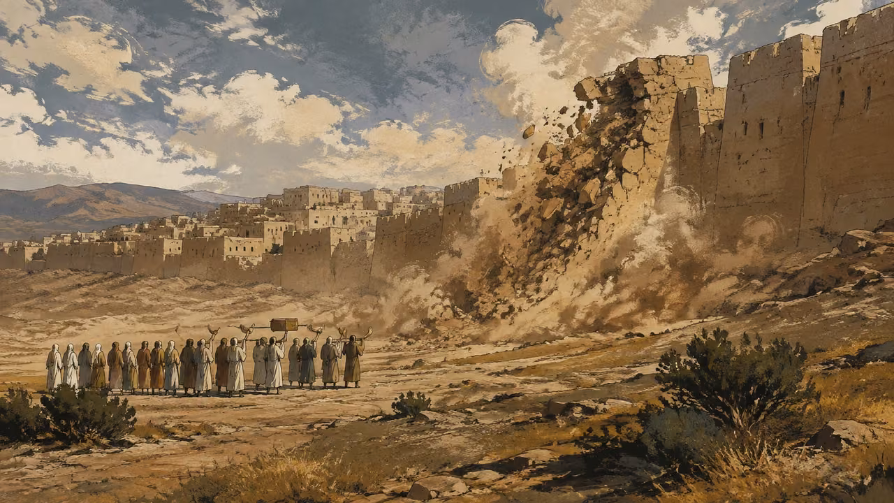 A wide distant view of ancient Jericho with a section of its mudbrick defensive wall collapsing in dust; a small anonymous procession stands far from the falling masonry. No bodies, gore, named hero, modern architecture or text.