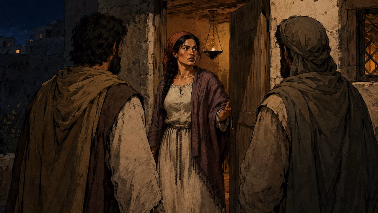 Rahab opens a modest ancient Canaanite house doorway inward to welcome two anonymous travel-worn adult men in plain earth-toned cloaks; alert discretion, respectful distance, no seductive posing or weapons, night.