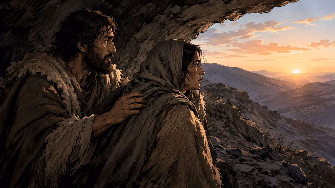Anonymous persecuted adults wrapped in worn sheepskins and rough cloaks shelter together at a mountain cave mouth, one steadies another while they look toward dawn; dignified, weary, no gore.