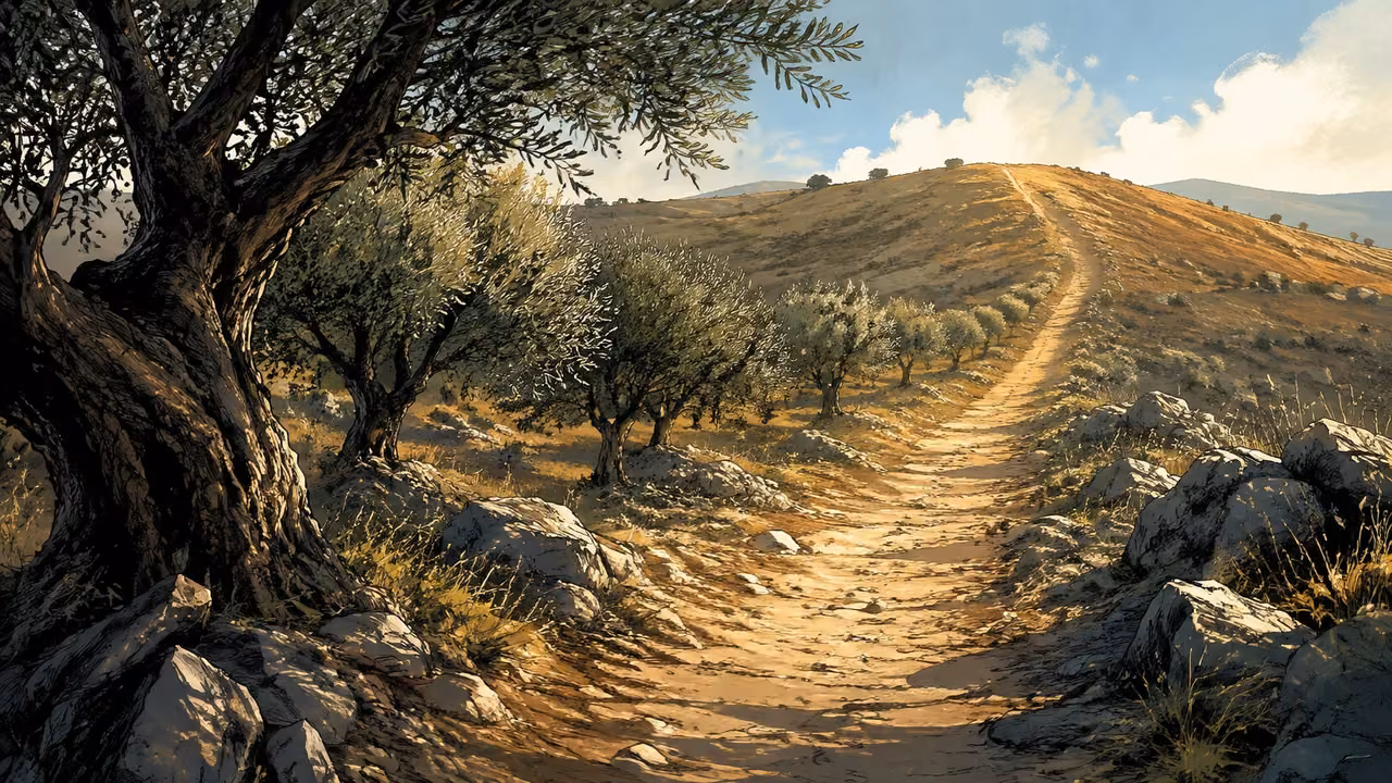 An empty ancient footpath disappears over a sunlit ridge beyond a small olive grove; no person, footprints, cloak, body or supernatural apparition. A quiet visual metaphor of absence and seeking.