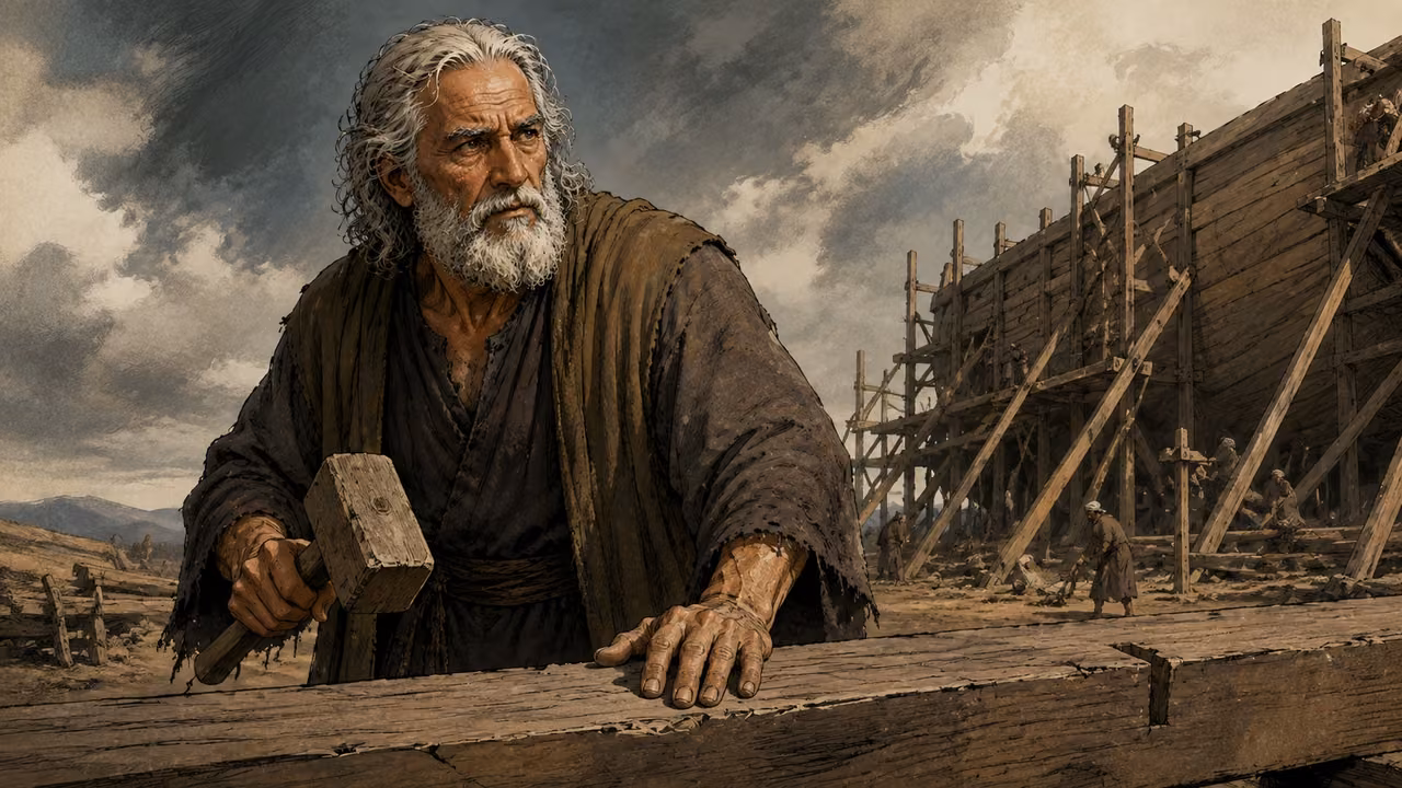 Noah inspecting a heavy timber at a great wooden ark construction site, gripping a simple wooden mallet, family workers distant and anonymous; dry ground under gathering clouds.