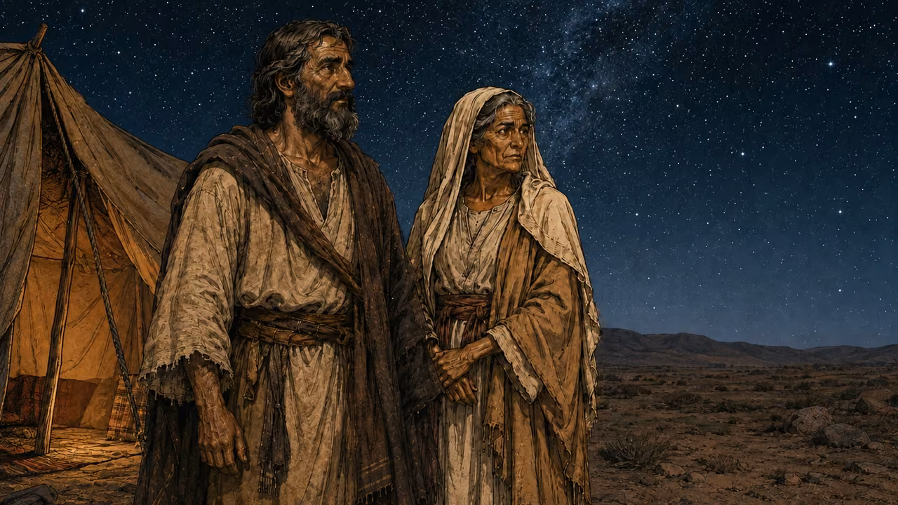 Abraham and Sarah outside a simple travel tent beneath a vast starry sky, side by side looking toward the horizon; maintain each attached character reference, no child or extra named patriarch.