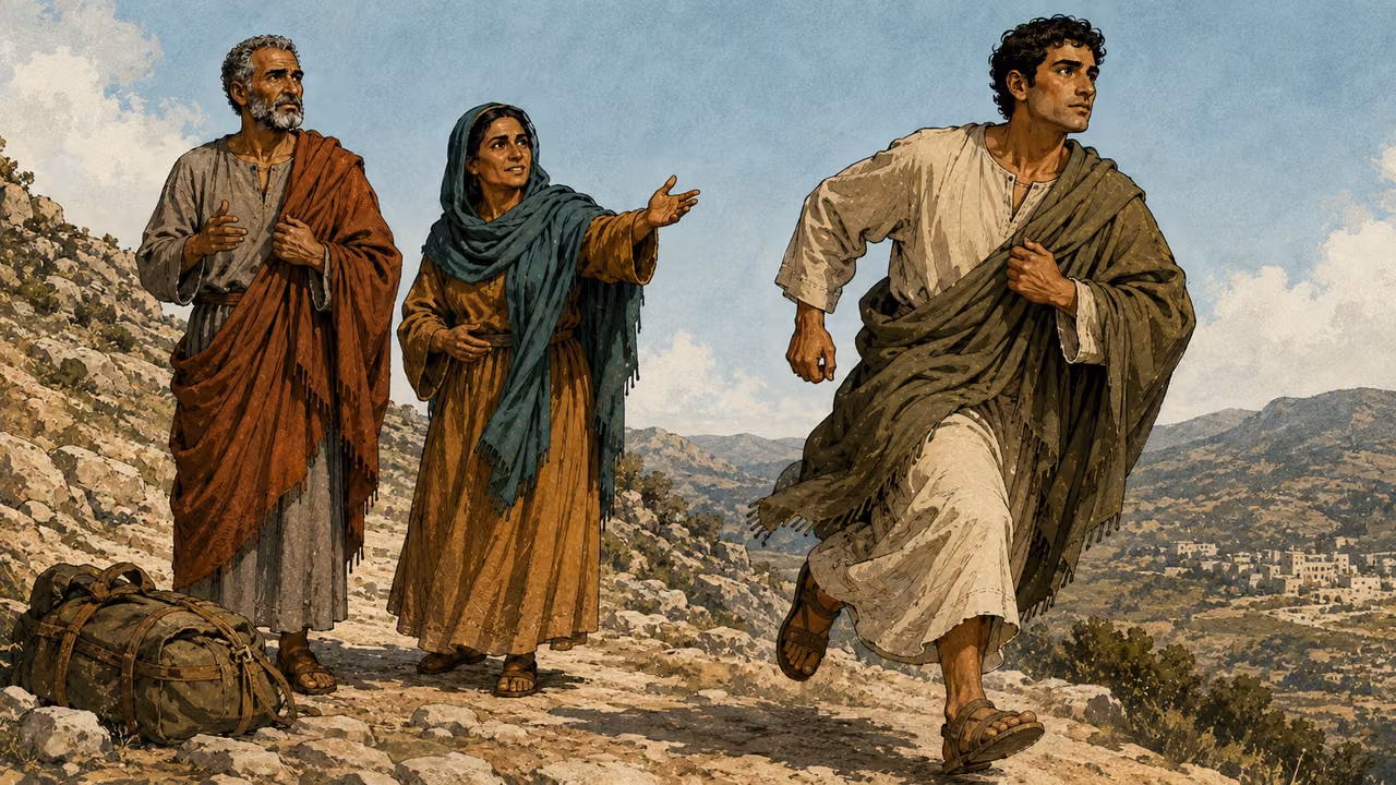The younger listener running steadily along a stony uphill path after setting a heavy travel pack on the ground behind him; woman and older listener farther along encouraging him, no ghosts or supernatural audience.