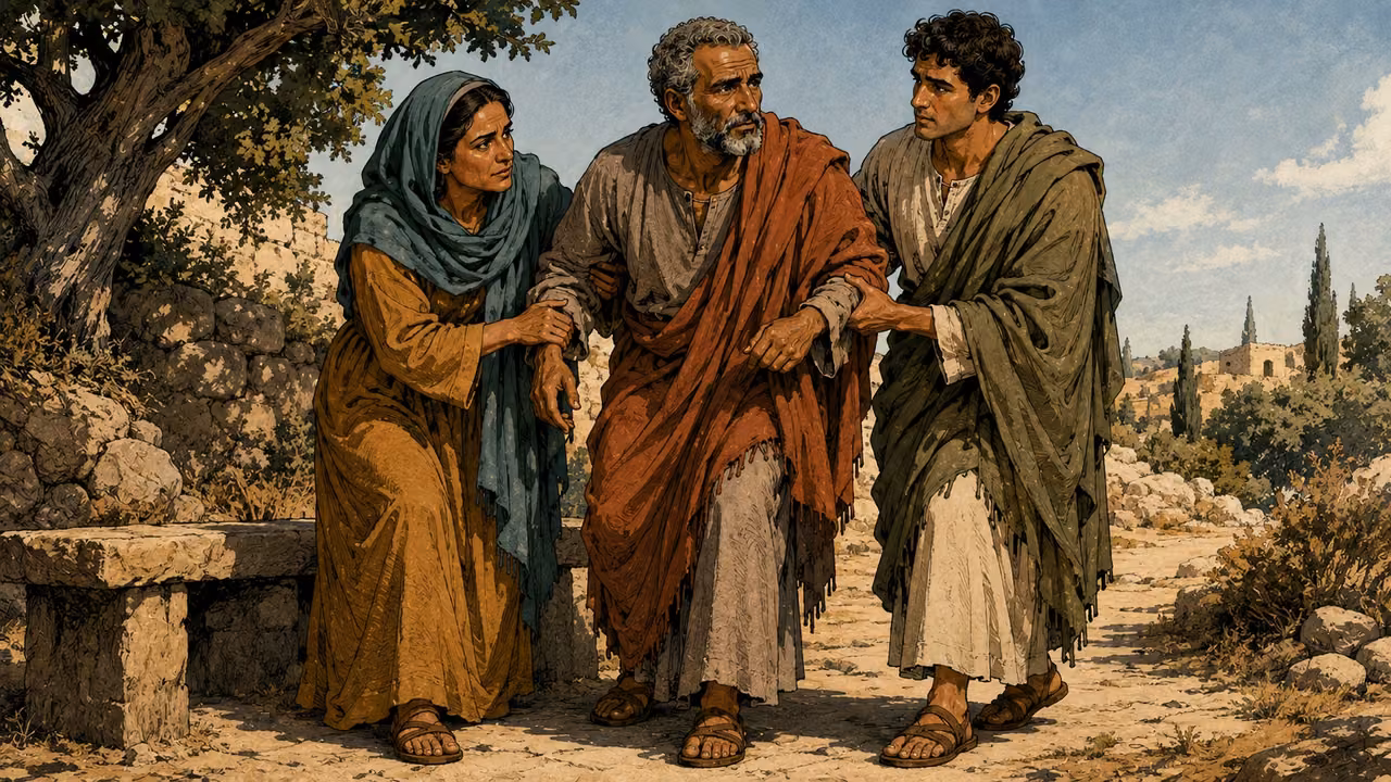 The woman and younger listener help the older listener rise carefully from a bench onto a clear level path, hands supportive and faces determined; ordinary daylight, no punishment scene.