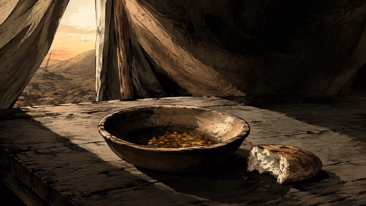 A nearly empty plain clay bowl of lentil stew and a torn piece of bread on a rough ancient table, fading light from a tent entrance, somber still life with deep shadows. No people, coins, contract, text or symbols.