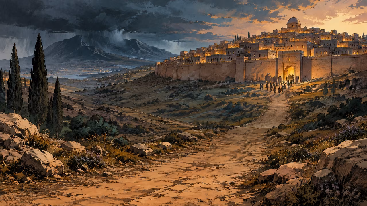 A path leads from a dark distant mountain toward a warmly lit city; a poetic image of welcome.