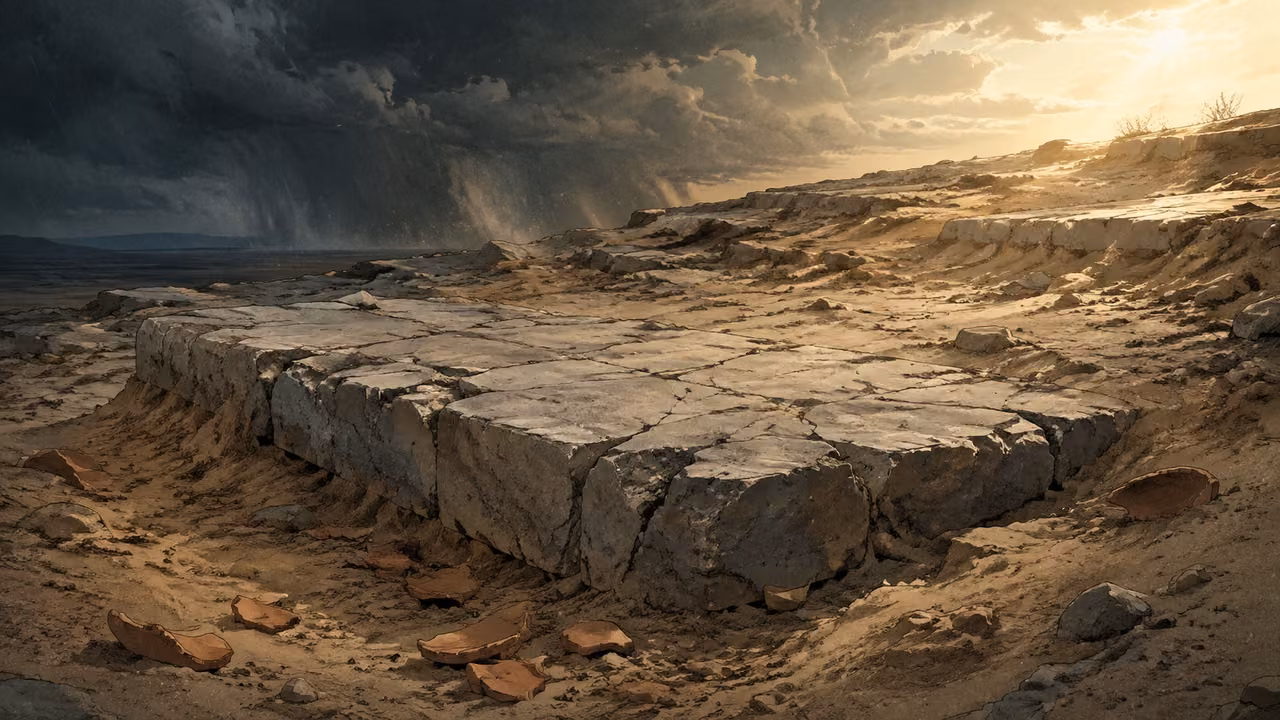 A massive bedrock foundation exposed under windblown loose sand and small shattered clay fragments, storm passing beyond, first warm light on the immovable rock; no people or magical symbols.