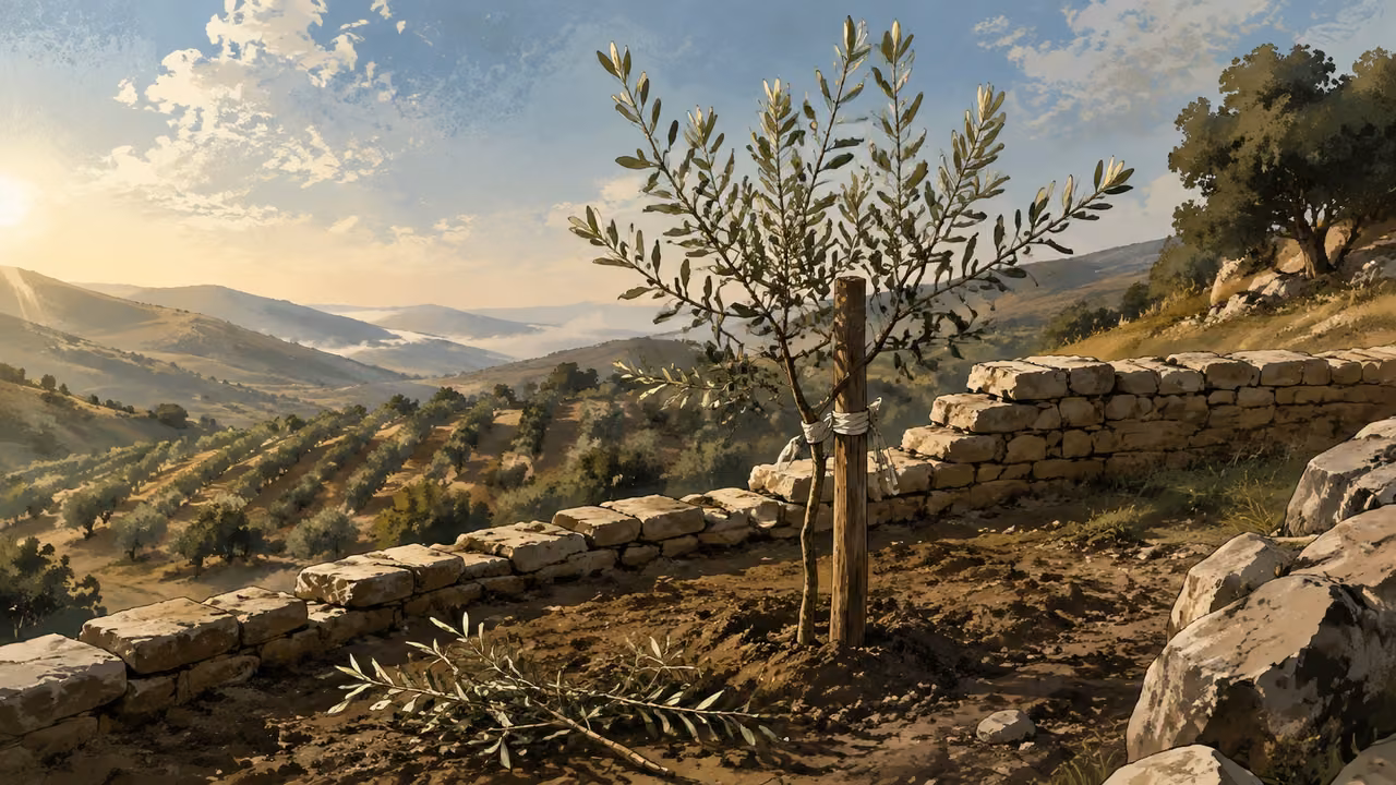 A carefully tended olive sapling with a simple wooden support and cloth tie, freshly pruned small branches on the soil, new healthy leaves catching morning light. An entirely uninhabited cultivated terrace. No person, symbols or text.